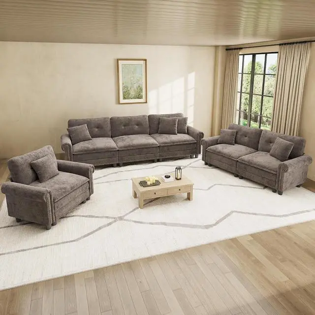 Main image of HERA'S HOUSE Modular Sectional Sofa Set for Living Room 3-Piece Deep Seats | Mid-Century Modern 6-Seater Cloud Sofa Set, Grayish Brown, Rolled Arms & Nailhead Trim, Wider Seats, Chenille Furniture Set