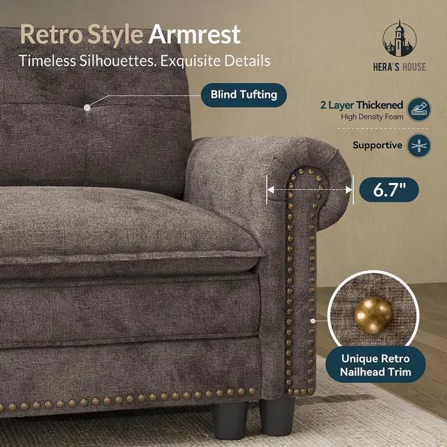 Alt view image 4 of 7 - HERA'S HOUSE Modular Sectional Sofa Set for Living Room 3-Piece Deep Seats | Mid-Century Modern 6-Seater Cloud Sofa Set, Grayish Brown, Rolled Arms & Nailhead Trim, Wider Seats, Chenille Furniture Set