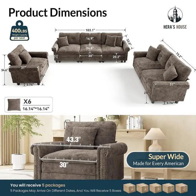 Alt view image 2 of 7 - HERA'S HOUSE Modular Sectional Sofa Set for Living Room 3-Piece Deep Seats | Mid-Century Modern 6-Seater Cloud Sofa Set, Grayish Brown, Rolled Arms & Nailhead Trim, Wider Seats, Chenille Furniture Set