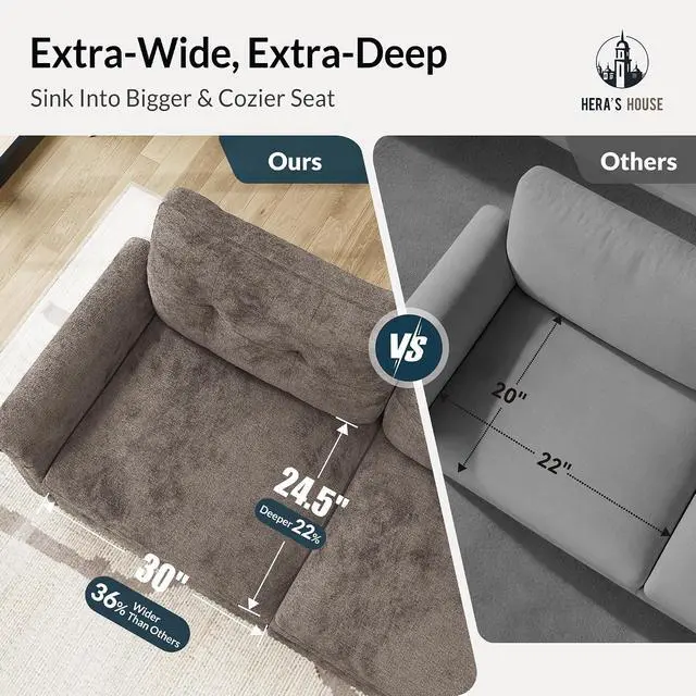 Alt view image 6 of 7 - HERA'S HOUSE Modular Sectional Sofa Set for Living Room 3-Piece Deep Seats | Mid-Century Modern 6-Seater Cloud Sofa Set, Grayish Brown, Rolled Arms & Nailhead Trim, Wider Seats, Chenille Furniture Set