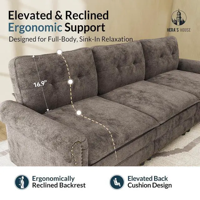 Alt view image 7 of 7 - HERA'S HOUSE Modular Sectional Sofa Set for Living Room 3-Piece Deep Seats | Mid-Century Modern 6-Seater Cloud Sofa Set, Grayish Brown, Rolled Arms & Nailhead Trim, Wider Seats, Chenille Furniture Set