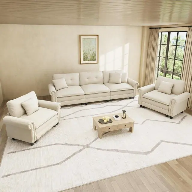 Main image of HERA'S HOUSE Modular Sectional Sofa and Chair Set for Living Room 3-Piece | Mid-Century Modern 5-Seater Cloud Sofa Set, White, Rolled Arms & Nailhead Trim, Wider & Deeper Seats, Chenille Furniture Set