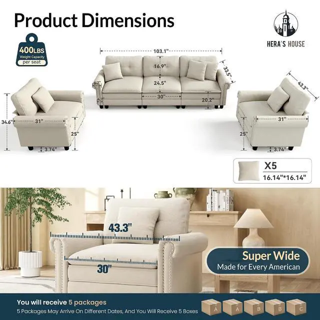 Alt view image 2 of 7 - HERA'S HOUSE Modular Sectional Sofa and Chair Set for Living Room 3-Piece | Mid-Century Modern 5-Seater Cloud Sofa Set, White, Rolled Arms & Nailhead Trim, Wider & Deeper Seats, Chenille Furniture Set