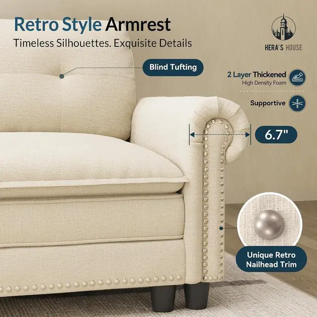 Alt view image 4 of 7 - HERA'S HOUSE 103.1" Modular Sectional Couch for Living Room Deep Seats | Mid-Century Modern 3-Seater Cloud Sofa, White, Rolled Arms & Nailhead Trim, Wider & Deeper Seats, Soft Chenille