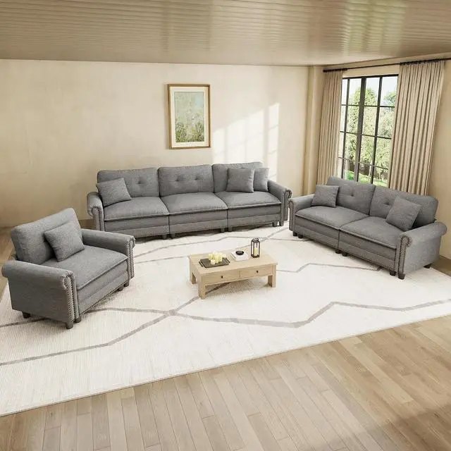 Main image of HERA'S HOUSE Modular Sectional Sofa Set with Loveseat and Armchair 3 Piece | Mid-Century Modern 6-Seater Cloud Sofa Set, Dark Grey, Rolled Arms & Nailhead Trim, Wider Seats, Soft Linen Furniture Set