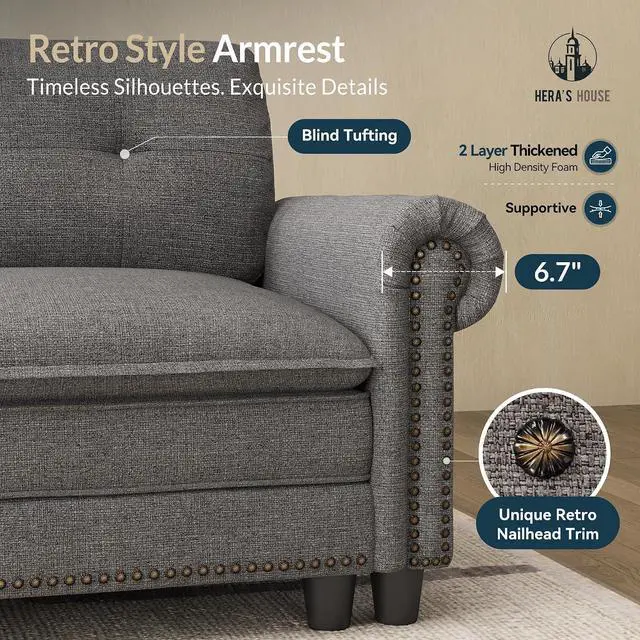 Alt view image 5 of 7 - HERA'S HOUSE Modular Sectional Sofa and Chair Set for Living Room 3-Piece | Mid-Century Modern 5-Seater Cloud Sofa Set, Dark Grey, Rolled Arms & Nailhead Trim, Wider Seats, Soft Linen Furniture Set