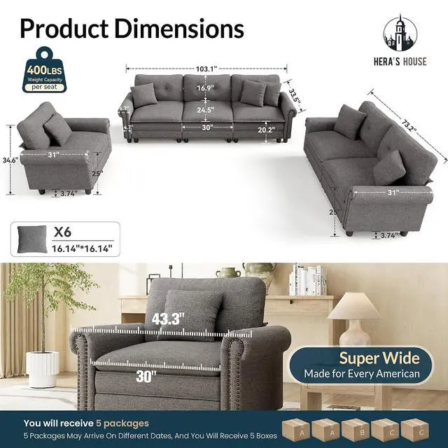 Alt view image 2 of 7 - HERA'S HOUSE Modular Sectional Sofa Set with Loveseat and Armchair 3 Piece | Mid-Century Modern 6-Seater Cloud Sofa Set, Dark Grey, Rolled Arms & Nailhead Trim, Wider Seats, Soft Linen Furniture Set