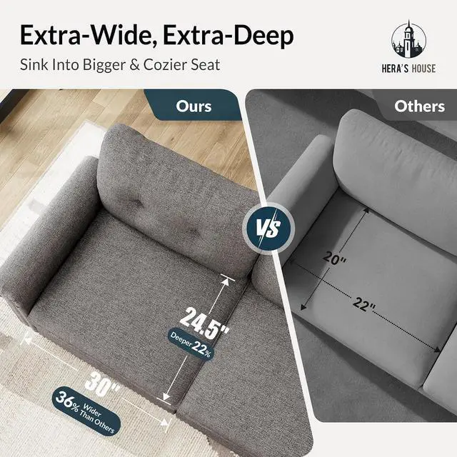Alt view image 7 of 7 - HERA'S HOUSE 103.1" Modular Sectional Couch for Living Room Deep Seats | Mid-Century Modern 3-Seater Cloud Sofa, Dark Gray, Rolled Arms & Nailhead Trim, Wider & Deeper Seats, Soft Linen