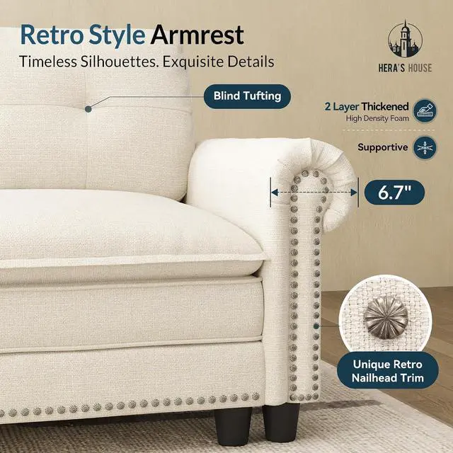 Alt view image 5 of 7 - HERA'S HOUSE Modular Sectional Sofa Set for Living Room 3-Piece Deep Seats | Mid-Century Modern 6-Seater Cloud Sofa Set, Beige, Rolled Arms & Nailhead Trim, Wider & Deeper Seats, Linen Furniture Set