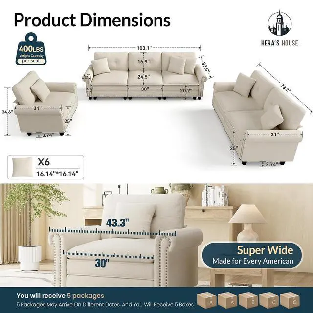 Alt view image 2 of 7 - HERA'S HOUSE Modular Sectional Sofa Set for Living Room 3-Piece Deep Seats | Mid-Century Modern 6-Seater Cloud Sofa Set, Beige, Rolled Arms & Nailhead Trim, Wider & Deeper Seats, Linen Furniture Set
