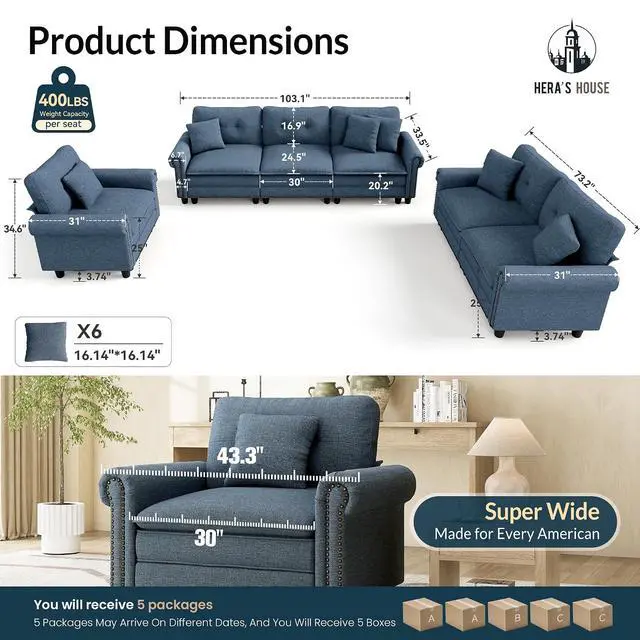 Alt view image 2 of 7 - HERA'S HOUSE Modular Sectional Sofa Set for Living Room 3-Piece Deep Seats | Mid-Century Modern 6-Seater Cloud Sofa Set, Blue, Rolled Arms & Nailhead Trim, Wider & Deeper Seats, Linen Furniture Set