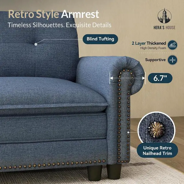 Alt view image 5 of 7 - HERA'S HOUSE 73.2" Modular Loveseat Cloud Couch Deep Seats & Rolled Arms | Mid-Century Modern 2-Seater Loveseat, Blue, Nailhead Trim, Wider & Deeper Seats, Soft Linen Sofa for Living Room Bedroom