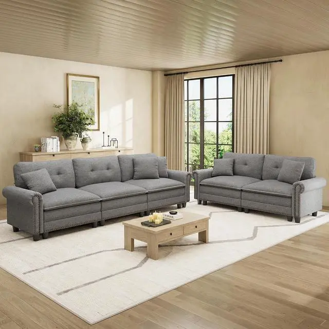 Main image of HERA'S HOUSE Modular Sectional Sofa Set for Living Room 2-Piece Deep Seats | Mid-Century Modern 5-Seater Cloud Sofa Set, Dark Grey, Rolled Arms & Nailhead Trim, Wider Seats, Soft Linen Furniture Set