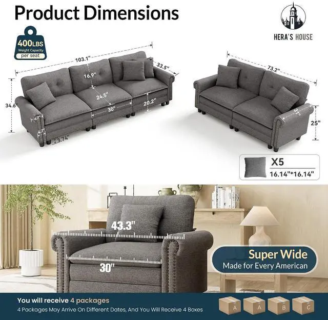 Alt view image 2 of 7 - HERA'S HOUSE Modular Sectional Sofa Set for Living Room 2-Piece Deep Seats | Mid-Century Modern 5-Seater Cloud Sofa Set, Dark Grey, Rolled Arms & Nailhead Trim, Wider Seats, Soft Linen Furniture Set