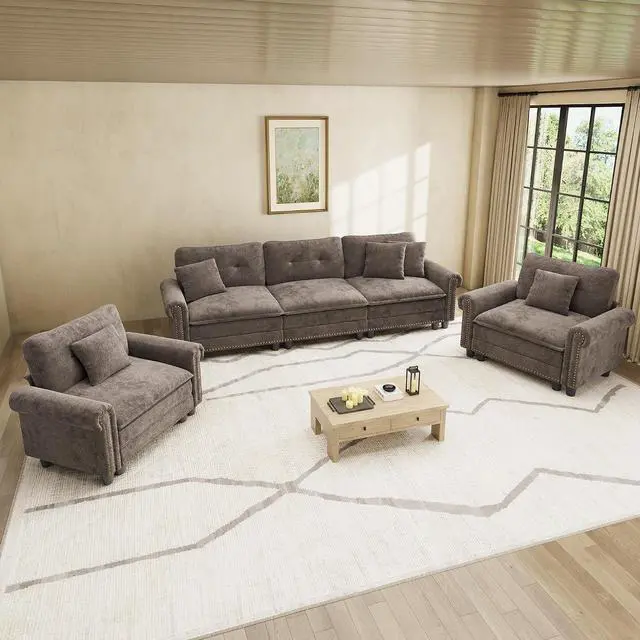 Main image of HERA'S HOUSE Modular Sectional Sofa and Chair Set for Living Room 3-Piece | Mid-Century Modern 5-Seater Cloud Sofa Set, Grayish Brown, Rolled Arms & Nailhead Trim, Wider Seats, Chenille Furniture Set