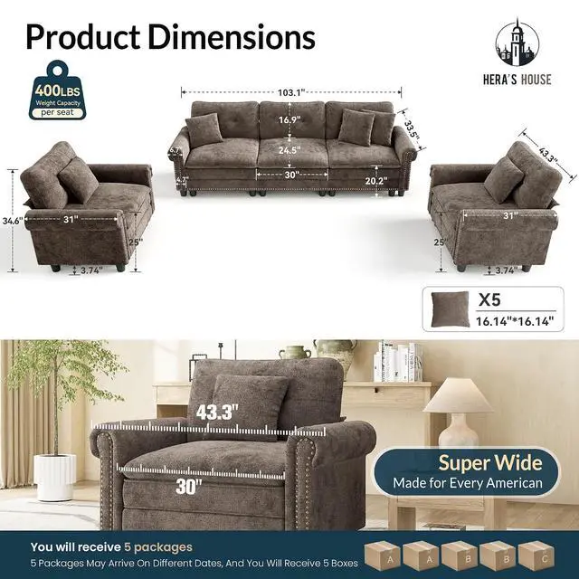Alt view image 2 of 7 - HERA'S HOUSE Modular Sectional Sofa and Chair Set for Living Room 3-Piece | Mid-Century Modern 5-Seater Cloud Sofa Set, Grayish Brown, Rolled Arms & Nailhead Trim, Wider Seats, Chenille Furniture Set