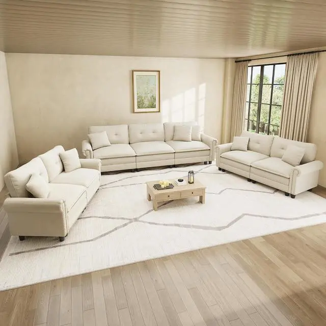 Main image of HERA'S HOUSE Modular Sectional Sofa and Loveseat Set Living Room 3-Piece | Mid-Century Modern 7-Seater Cloud Sofa Set, White, Rolled Arms & Nailhead Trim, Wider & Deeper Seats, Chenille Furniture Set