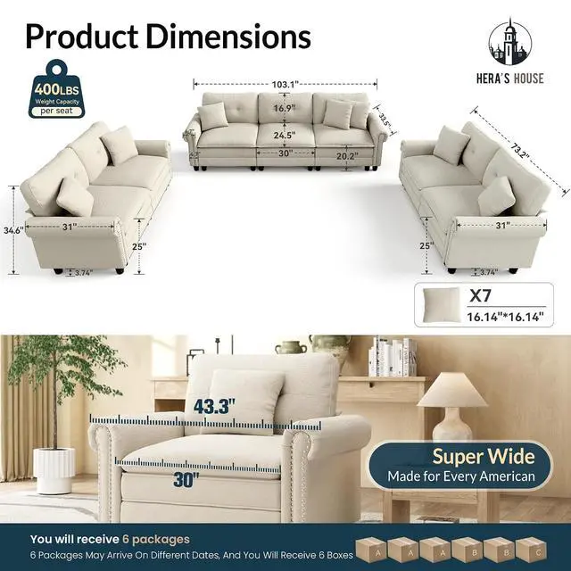 Alt view image 2 of 7 - HERA'S HOUSE Modular Sectional Sofa and Loveseat Set Living Room 3-Piece | Mid-Century Modern 7-Seater Cloud Sofa Set, White, Rolled Arms & Nailhead Trim, Wider & Deeper Seats, Chenille Furniture Set