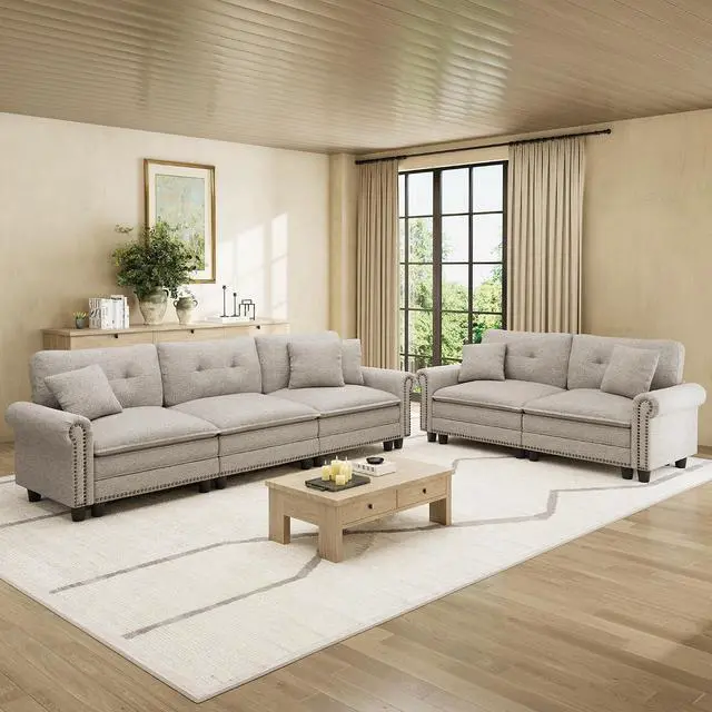 Main image of HERA'S HOUSE Modular Sectional Sofa Set for Living Room 2-Piece Deep Seats | Mid-Century Modern 5-Seater Cloud Sofa Set, Light Grey, Rolled Arms & Nailhead Trim, Wider Seats, Soft Linen Furniture Set