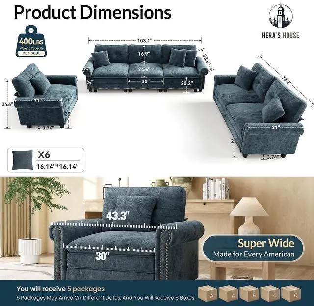 Alt view image 2 of 7 - HERA'S HOUSE Modular Sectional Sofa Set for Living Room 3-Piece Deep Seats | Mid-Century Modern 6-Seater Cloud Sofa Set, Cyan, Rolled Arms & Nailhead Trim, Wider & Deeper Seats, Chenille Furniture Set