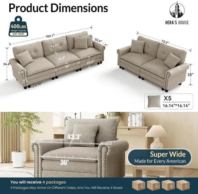 Alt view image 2 of 7 - HERA'S HOUSE Modular Sectional Sofa Set for Living Room 2-Piece Deep Seats | Mid-Century Modern 5-Seater Cloud Sofa Set, Light Grey, Rolled Arms & Nailhead Trim, Wider Seats, Soft Linen Furniture Set
