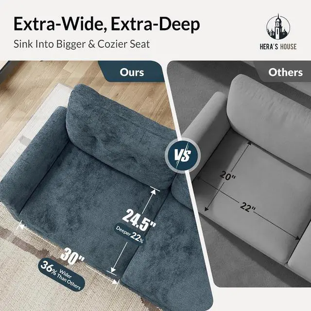 Alt view image 6 of 7 - HERA'S HOUSE Modular Sectional Sofa Set for Living Room 3-Piece Deep Seats | Mid-Century Modern 6-Seater Cloud Sofa Set, Cyan, Rolled Arms & Nailhead Trim, Wider & Deeper Seats, Chenille Furniture Set