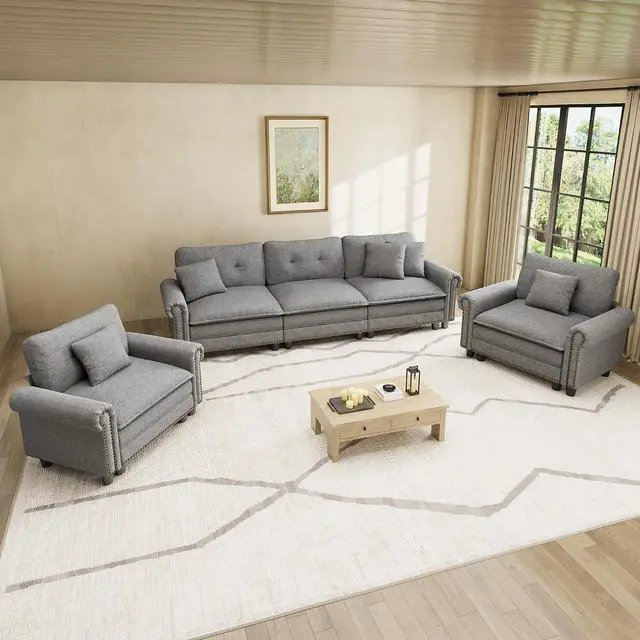 Main image of HERA'S HOUSE Modular Sectional Sofa and Chair Set for Living Room 3-Piece | Mid-Century Modern 5-Seater Cloud Sofa Set, Dark Grey, Rolled Arms & Nailhead Trim, Wider Seats, Soft Linen Furniture Set