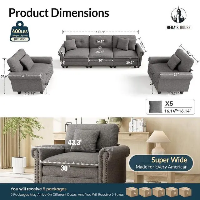 Alt view image 2 of 7 - HERA'S HOUSE Modular Sectional Sofa and Chair Set for Living Room 3-Piece | Mid-Century Modern 5-Seater Cloud Sofa Set, Dark Grey, Rolled Arms & Nailhead Trim, Wider Seats, Soft Linen Furniture Set