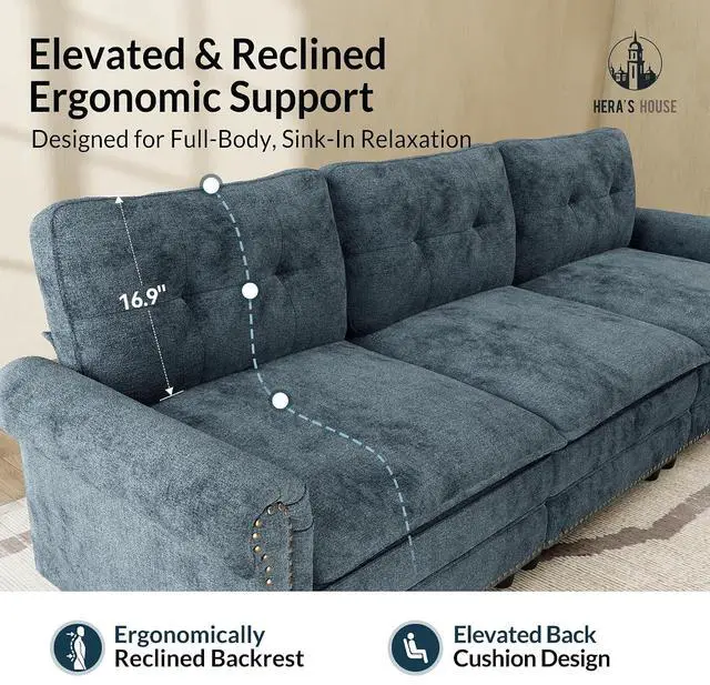 Alt view image 7 of 7 - HERA'S HOUSE Modular Sectional Sofa Set for Living Room 3-Piece Deep Seats | Mid-Century Modern 6-Seater Cloud Sofa Set, Cyan, Rolled Arms & Nailhead Trim, Wider & Deeper Seats, Chenille Furniture Set