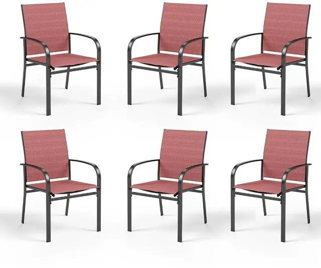 Main image of HERA'S HOUSE Outdoor Patio Dining Chairs Set of 6, Wrought Iron & Textilene | Red breathable fabric, Metal frame with armrest & wide seat, Rust-resistant All-weather design for for lawn, deck