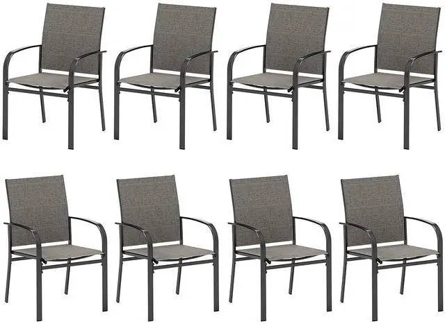 Main image of HERA'S HOUSE Outdoor Patio Dining Chairs Set of 8, Wrought Iron & Textilene | Brown breathable fabric, Metal frame with armrest & wide seat, Rust-resistant All-weather design for for lawn, deck