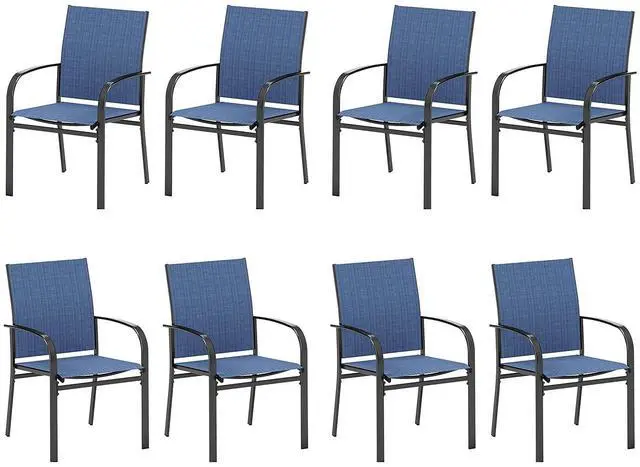 Main image of HERA'S HOUSE Outdoor Patio Dining Chairs Set of 8, Wrought Iron & Textilene | Blue breathable fabric, Metal frame with armrest & wide seat, Rust-resistant All-weather design for for lawn, deck