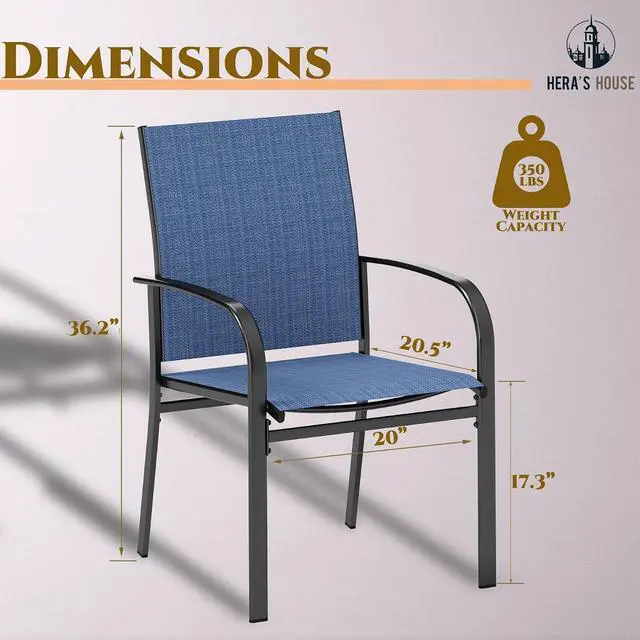 Alt view image 3 of 6 - HERA'S HOUSE Outdoor Patio Dining Chairs Set of 8, Wrought Iron & Textilene | Blue breathable fabric, Metal frame with armrest & wide seat, Rust-resistant All-weather design for for lawn, deck