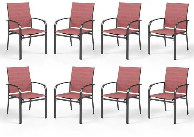 Main image of HERA'S HOUSE Outdoor Patio Dining Chairs Set of 8, Wrought Iron & Textilene | Red breathable fabric, Metal frame with armrest & wide seat, Rust-resistant All-weather design for for lawn, deck