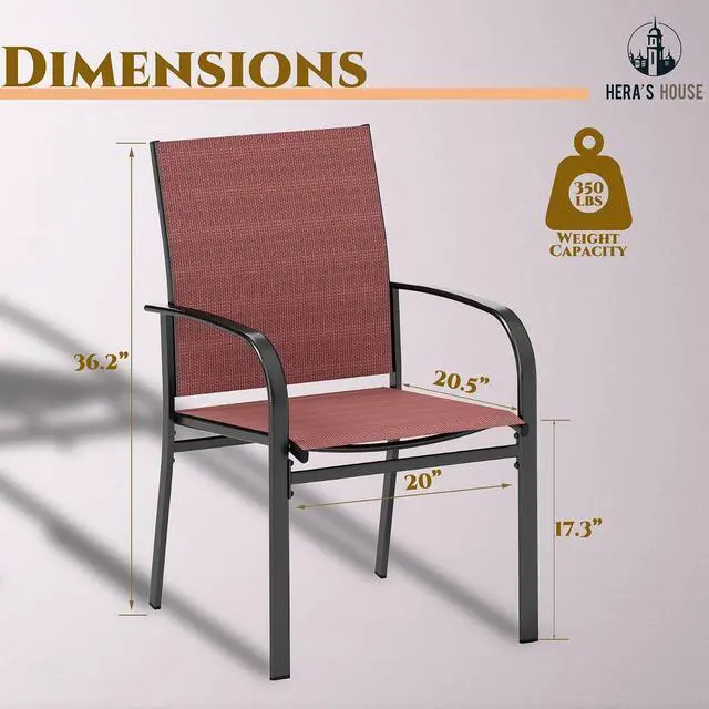 Alt view image 3 of 7 - HERA'S HOUSE Outdoor Patio Dining Chairs Set of 8, Wrought Iron & Textilene | Red breathable fabric, Metal frame with armrest & wide seat, Rust-resistant All-weather design for for lawn, deck