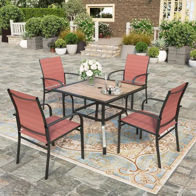 Alt view image 2 of 7 - HERA'S HOUSE Outdoor Patio Dining Chairs Set of 8, Wrought Iron & Textilene | Red breathable fabric, Metal frame with armrest & wide seat, Rust-resistant All-weather design for for lawn, deck
