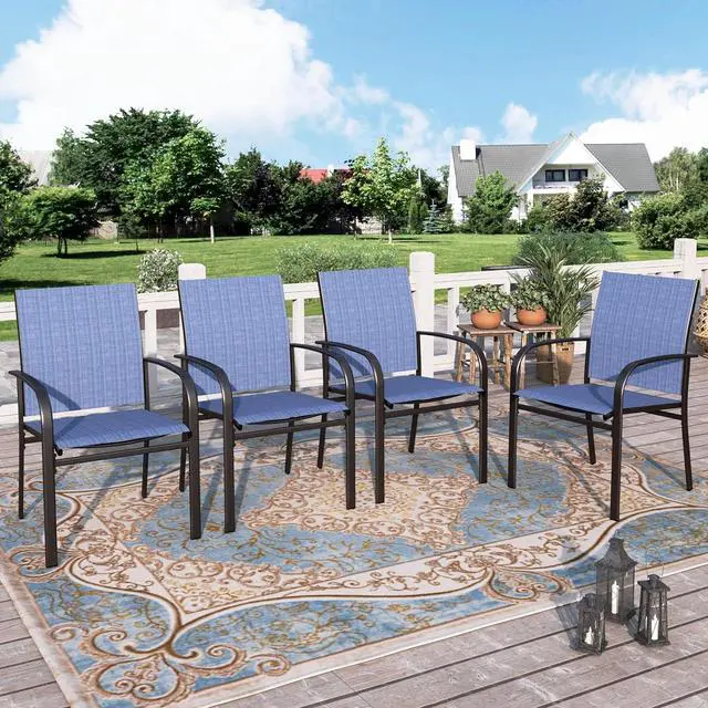 Main image of HERA'S HOUSE Outdoor Patio Dining Chairs Set of 4, Wrought Iron & Textilene | Blue breathable fabric, Metal frame with armrest & wide seat, Rust-resistant All-weather design for for lawn, deck