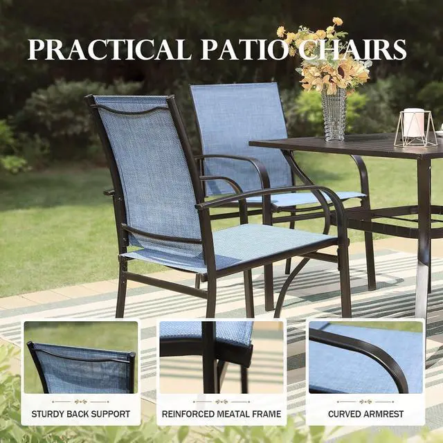 Alt view image 4 of 6 - HERA'S HOUSE Outdoor Patio Dining Chairs Set of 4, Wrought Iron & Textilene | Blue breathable fabric, Metal frame with armrest & wide seat, Rust-resistant All-weather design for for lawn, deck