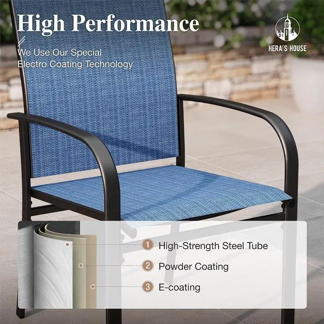 Alt view image 5 of 6 - HERA'S HOUSE Outdoor Patio Dining Chairs Set of 8, Wrought Iron & Textilene | Blue breathable fabric, Metal frame with armrest & wide seat, Rust-resistant All-weather design for for lawn, deck