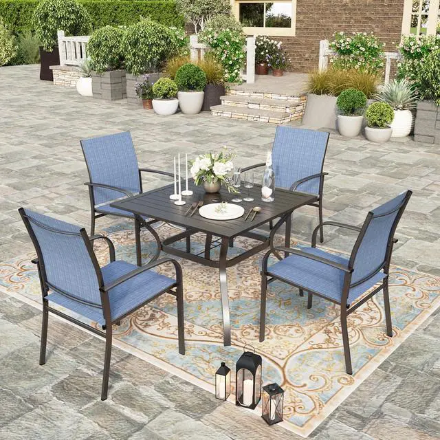 Alt view image 2 of 6 - HERA'S HOUSE Outdoor Patio Dining Chairs Set of 8, Wrought Iron & Textilene | Blue breathable fabric, Metal frame with armrest & wide seat, Rust-resistant All-weather design for for lawn, deck