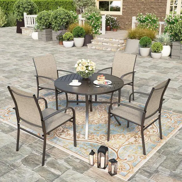 Alt view image 2 of 6 - HERA'S HOUSE Outdoor Patio Dining Chairs Set of 6, Wrought Iron & Textilene | Brown breathable fabric, Metal frame with armrest & wide seat, Rust-resistant All-weather design for for lawn, deck