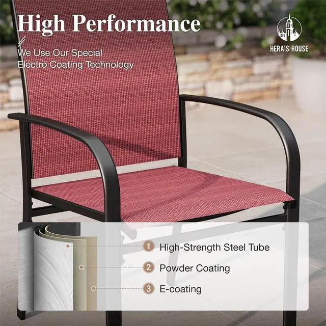 Alt view image 4 of 6 - HERA'S HOUSE Outdoor Patio Dining Chairs Set of 4, Wrought Iron & Textilene | Red breathable fabric, Metal frame with armrest & wide seat, Rust-resistant All-weather design for for lawn, deck
