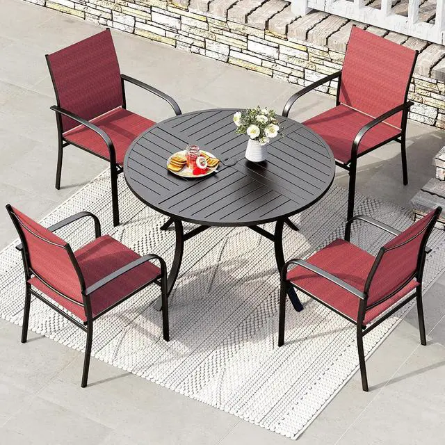 Alt view image 5 of 6 - HERA'S HOUSE Outdoor Patio Dining Chairs Set of 4, Wrought Iron & Textilene | Red breathable fabric, Metal frame with armrest & wide seat, Rust-resistant All-weather design for for lawn, deck