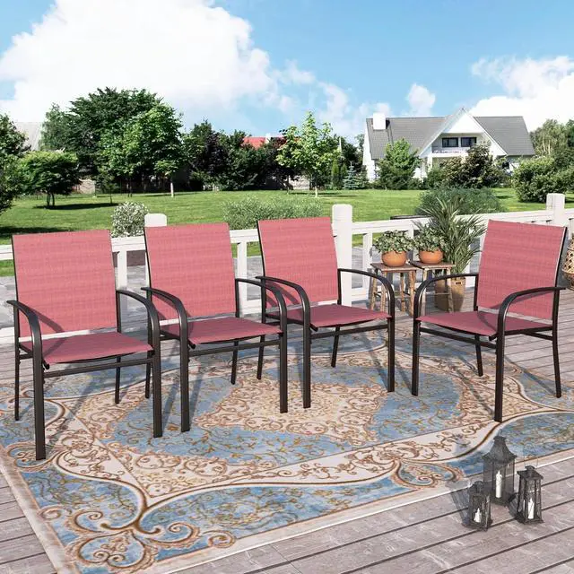 Main image of HERA'S HOUSE Outdoor Patio Dining Chairs Set of 4, Wrought Iron & Textilene | Red breathable fabric, Metal frame with armrest & wide seat, Rust-resistant All-weather design for for lawn, deck