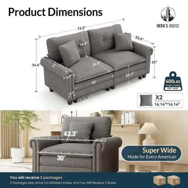 Alt view image 2 of 7 - HERA'S HOUSE 73.2" Modular Loveseat Cloud Couch Deep Seats & Rolled Arms | Mid-Century Modern 2-Seater Loveseat, Dark Gray, Nailhead Trim, Wider & Deeper Seats, Soft Linen Sofa for Living Room Bedroom
