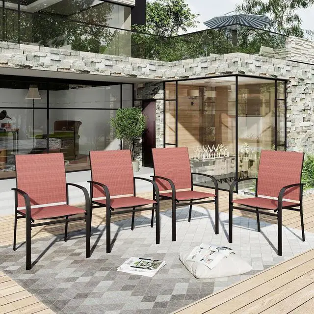 Alt view image 6 of 6 - HERA'S HOUSE Outdoor Patio Dining Chairs Set of 4, Wrought Iron & Textilene | Red breathable fabric, Metal frame with armrest & wide seat, Rust-resistant All-weather design for for lawn, deck
