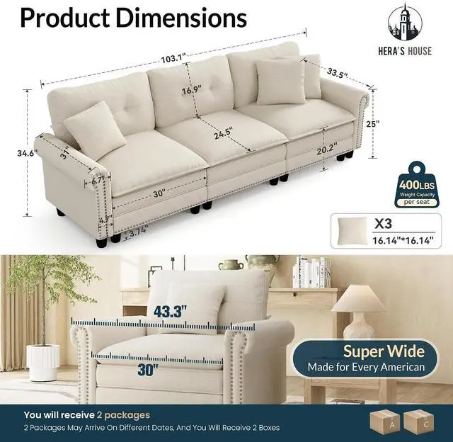 Alt view image 2 of 7 - HERA'S HOUSE 103.1" Modular Sectional Couch for Living Room Deep Seats | Mid-Century Modern 3-Seater Cloud Sofa, Beige, Rolled Arms & Nailhead Trim, Wider & Deeper Seats, Soft Linen