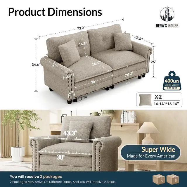 Alt view image 2 of 7 - HERA'S HOUSE 73.2" Modular Loveseat Cloud Couch Deep Seats & Rolled Arms | Mid-Century Modern 2-Seater Loveseat, Light Gray, Nailhead Trim, Wider & Deeper Seats, Linen Sofa for Living Room Bedroom