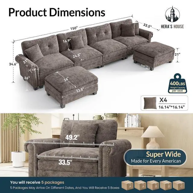 Alt view image 2 of 7 - HERA'S HOUSE 150" Oversized U Shaped Modular Sectional Couch Living Room | Mid-Century Modern 6-Seater Cloud Sofa, Grayish Brown, Rolled Arms & Nailhead Trim, Wider & Deeper Seats, Ottoman, Chenille
