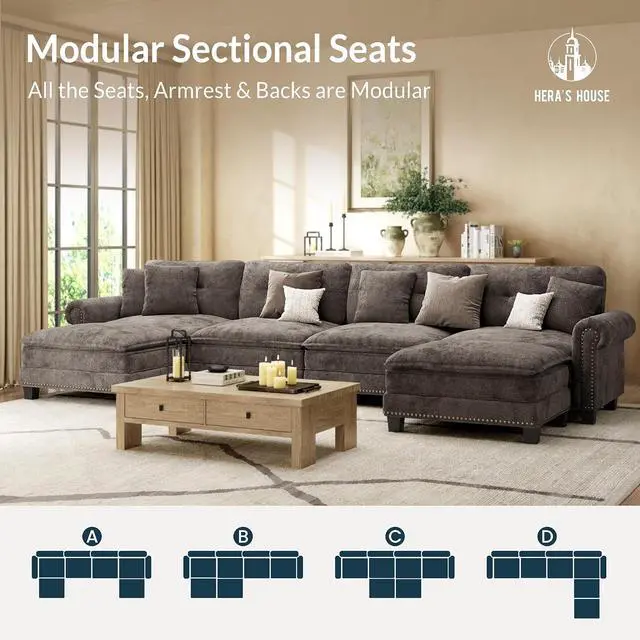Alt view image 7 of 7 - HERA'S HOUSE 150" Oversized U Shaped Modular Sectional Couch Living Room | Mid-Century Modern 6-Seater Cloud Sofa, Grayish Brown, Rolled Arms & Nailhead Trim, Wider & Deeper Seats, Ottoman, Chenille